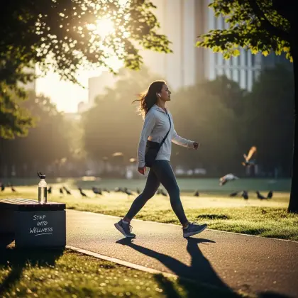 A person walks a park path at sunrise, water bottle on a bench marked “Step into Wellness”—a new day, a fresh start.